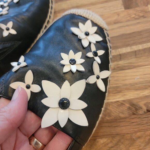 Michael Kors Lola Leather Floral Slip On Espadrille Flats, Black/White & Jute - Picture 4 of 14